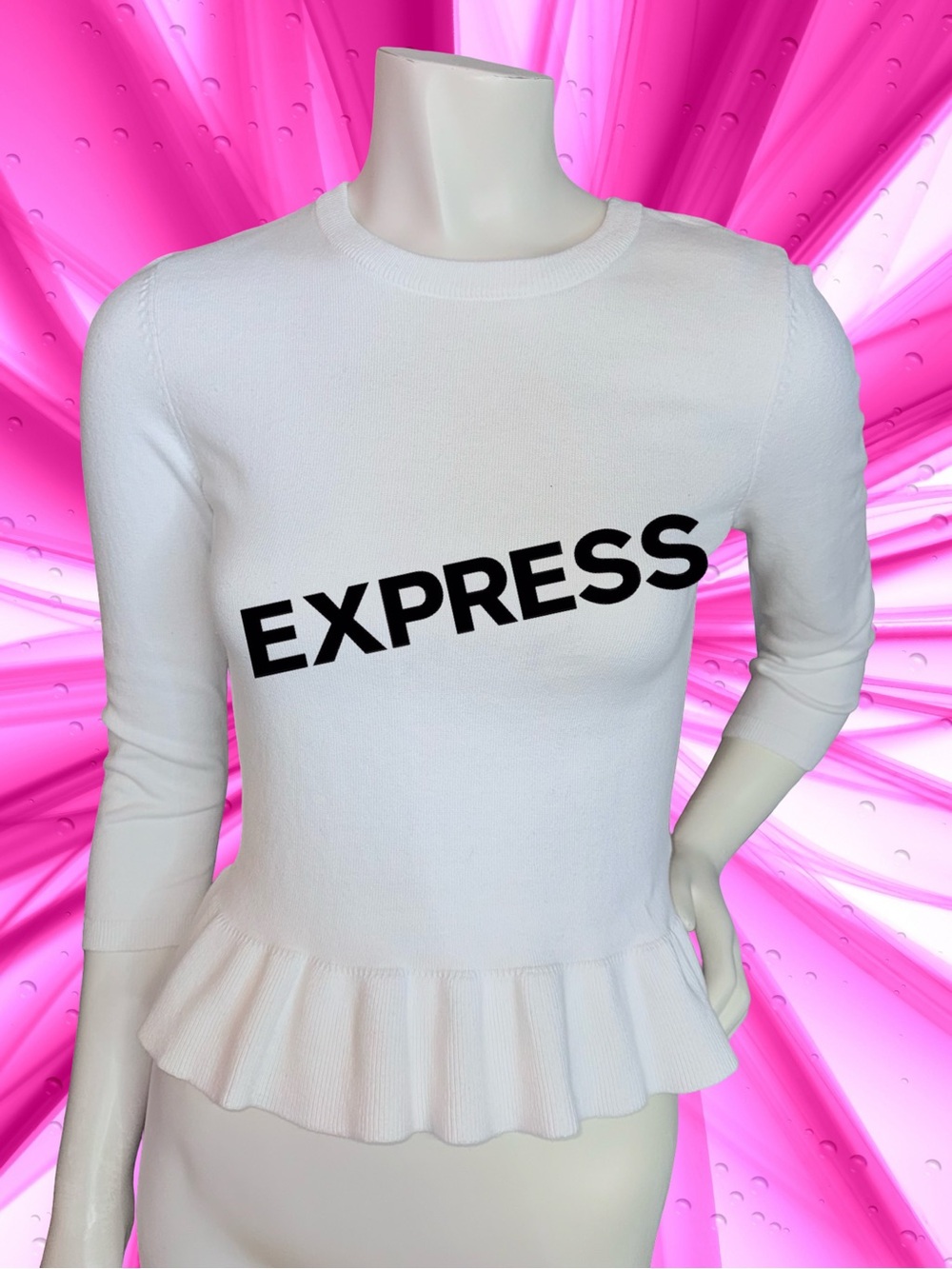 Express White Peplum Knit Top - 3/4 Sleeve Crew Neck Fitted Sweater Size S
